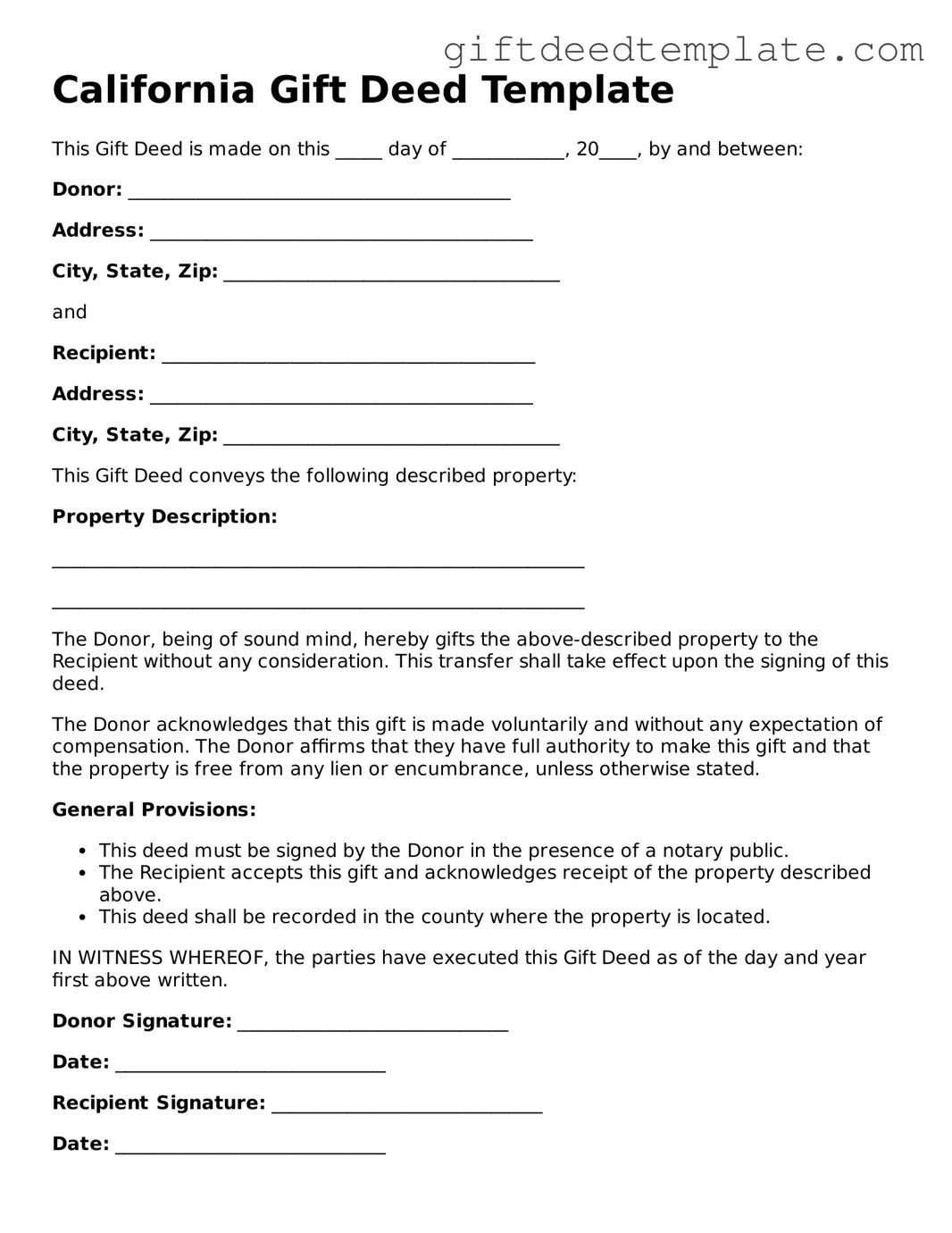 Valid California Gift Deed Form