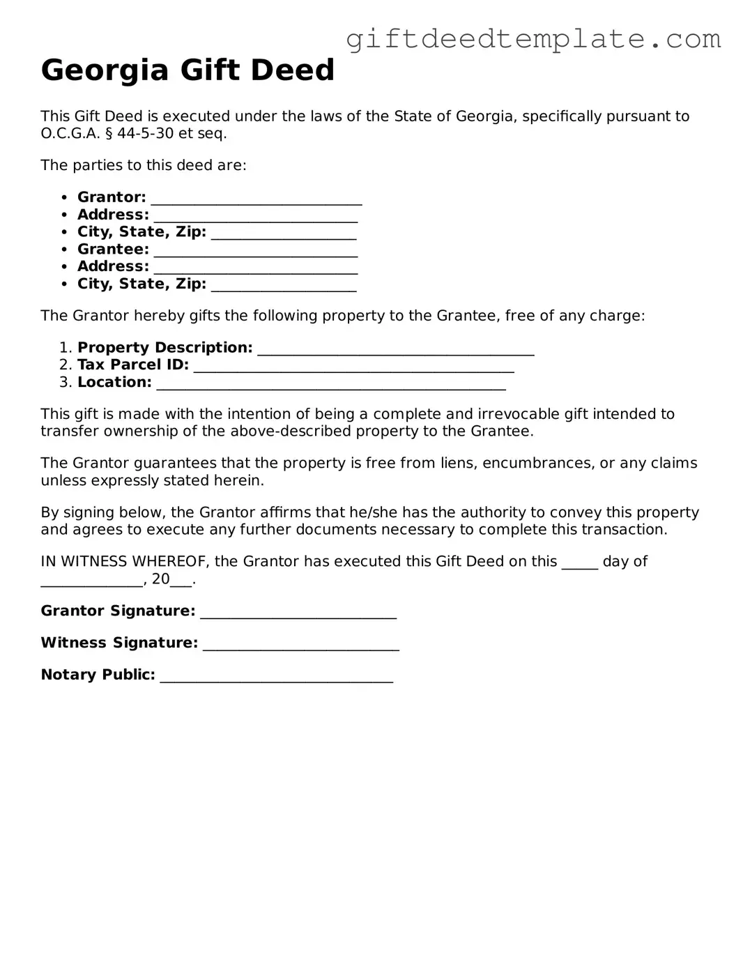 Valid Georgia Gift Deed Form