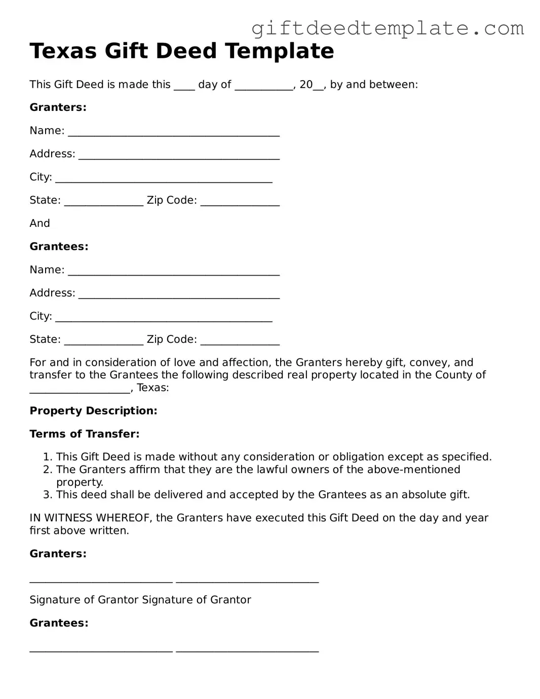 Valid Texas Gift Deed Form